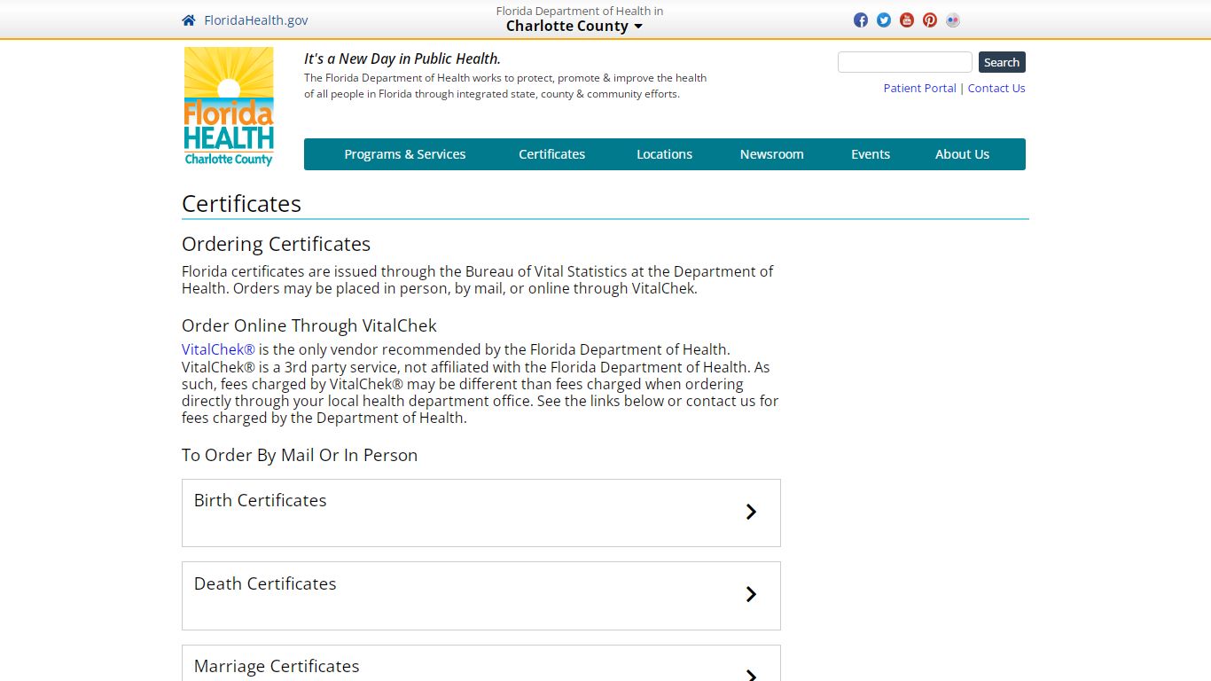 Certificates | Florida Department of Health in Charlotte